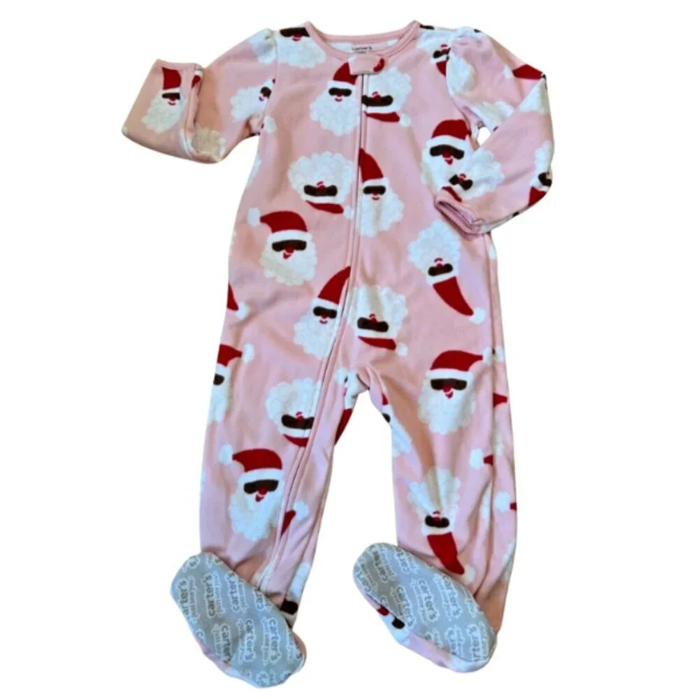 Carter’s Girls 2T  Fleece Footed Pajamas Full Zipper Santa Christmas Jammies